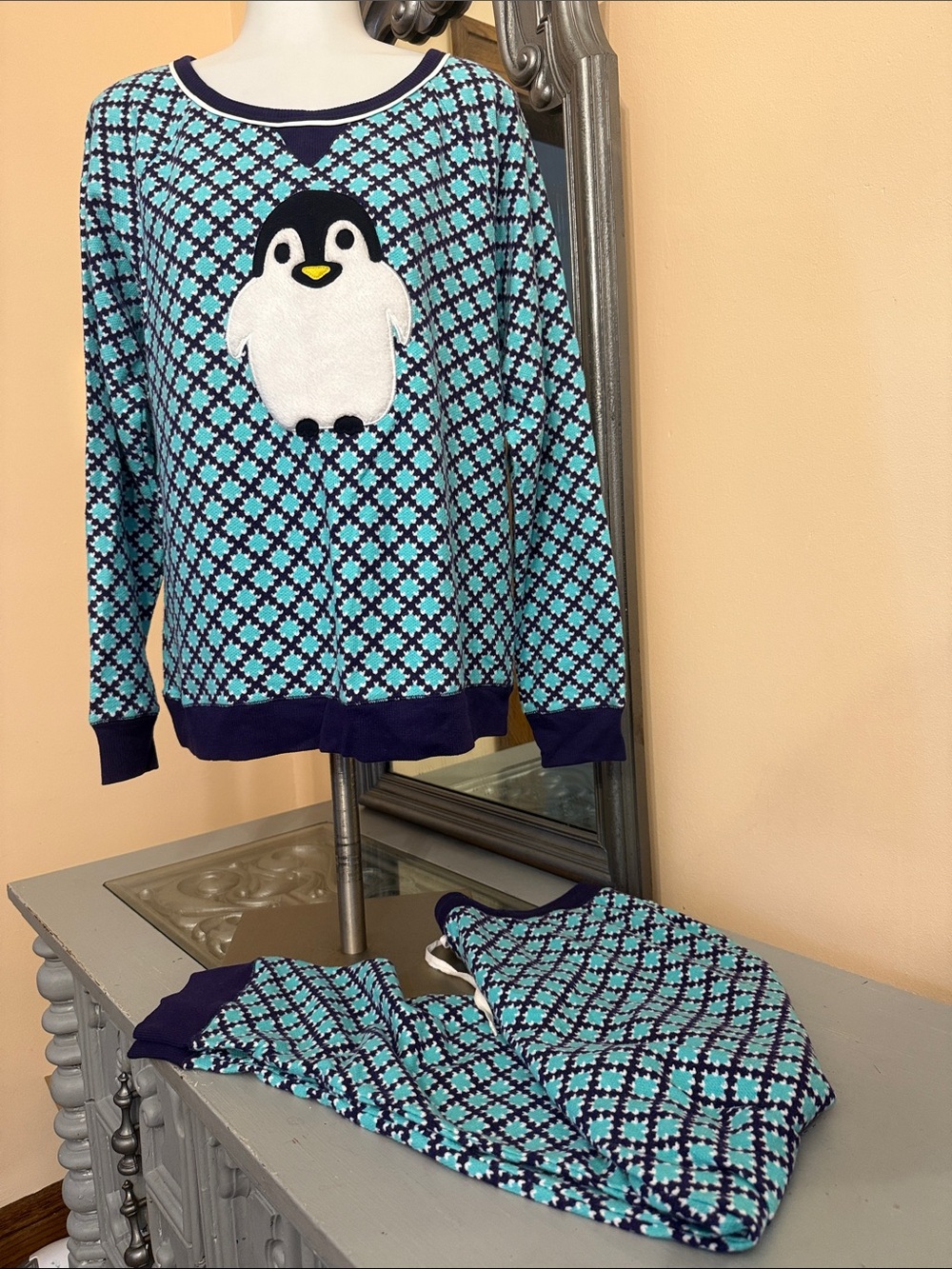 Kensie XL Penguin Pajama Set Aqua Navy Soft Cute Lounge